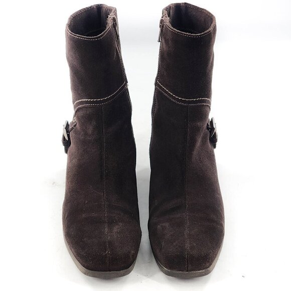 LA CANADIENNE Waterproof Suede Ankle Bootie Square Toe Low Wedge Brown - Picture 3 of 9